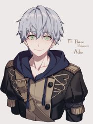 Rule 34 | 1boy, ashe ubert, blue hair, character name, copyright name, epaulettes, fire emblem, fire emblem: three houses, freckles, green eyes, grey background, looking at viewer, male focus, nintendo, simple background, solo, srb7606, uniform
