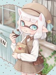 Rule 34 | 1girl, :q, animal ears, aqua eyes, artist name, bag, blunt bangs, bob cut, bow, bowtie, brown bow, brown bowtie, brown dress, brown headwear, cabbie hat, cat ears, commentary, day, door, dress, dress shirt, english commentary, food, grey hair, handbag, hat, high collar, highres, holding, holding bag, holding food, inkling, inkling girl, inkling player character, ivy, licking lips, long sleeves, mixed-language commentary, nintendo, outdoors, paper bag, pioxpioo, plaid, plaid dress, pointy ears, shirt, short dress, short hair, signature, splatoon (series), tentacle hair, tongue, tongue out, white shirt, window