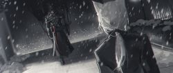 Rule 34 | &quot;emperor&#039;s blade&quot; (arknights), 1girl, 1other, ambiguous gender, animal ears, arknights, armor, black coat, black jacket, blurry, bokeh, cat ears, coat, commentary, depth of field, dutch angle, english commentary, facing away, facing viewer, fence, from behind, highres, jacket, kal&#039;tsit (arknights), long hair, mask, night, outdoors, ponytail, rhine (overtonerhine), snow