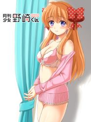 Rule 34 | 10s, 1girl, blush, bow, bra, breasts, cleavage, closed mouth, commentary request, copyright name, curtains, female focus, gekkan shoujo nozaki-kun, hair bow, indoors, jacket, lace, long hair, looking at viewer, medium breasts, ookawa wataru, open clothes, orange hair, pink jacket, polka dot, polka dot bow, purple eyes, sakura chiyo, solo, underwear, undressing