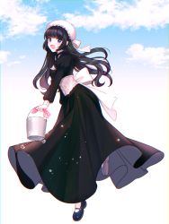 Rule 34 | 1girl, :d, black dress, black footwear, black hair, blue eyes, blue sky, blush, breasts, bucket, chromatic aberration, cloud, commentary request, day, dress, full body, hat, highres, holding, holding bucket, juliet sleeves, long hair, long sleeves, looking at viewer, looking to the side, maid, mamel 27, mary janes, mob cap, open mouth, original, outdoors, puffy sleeves, shoe soles, shoes, sky, small breasts, smile, solo, standing, standing on one leg, very long hair, water drop, white hat, white legwear