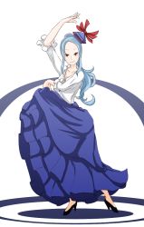 Rule 34 | 1girl, adapted costume, alternate hairstyle, arm above head, blue hair, blue skirt, breasts, cleavage, dancer, dancing, flamenco, forehead, formal, frilled shirt collar, frilled skirt, frilled sleeves, frills, happy, hat, high heels, kamishirasawa keine, long hair, long skirt, looking at viewer, medium breasts, okomedaisuki5, red eyes, samba, shirt, simple background, skirt, skirt hold, smile, solo, touhou, white background, white shirt
