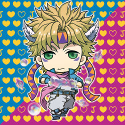 Rule 34 | 1boy, bad boy, bad id, bad pixiv id, battle tendency, blonde hair, bubble, caesar anthonio zeppeli, chibi, facial mark, feather hair ornament, feathers, fingerless gloves, gloves, green eyes, hair ornament, headband, heart, heart background, hydrokinesis, jojo no kimyou na bouken, knee pads, male focus, pink scarf, scarf, solo, triangle print, water