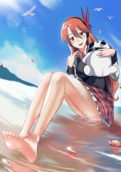 Rule 34 | 1girl, absurdres, akame ga kill!, bare legs, barefoot, bird, black hairband, black vest, blush, candy, chelsea (akame ga kill!), collared shirt, day, feet, food, frilled skirt, frills, ghhoward, hair between eyes, hairband, hands up, highres, holding, knees together feet apart, knees up, leaning to the side, legs, lollipop, long hair, long sleeves, looking at viewer, miniskirt, open mouth, orange hair, outdoors, partially submerged, plaid, plaid skirt, seagull, shirt, sitting, skirt, soles, solo, stuffed animal, stuffed toy, toes, vest, water, white shirt