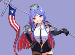 Rule 34 | 1girl, american flag, black gloves, black necktie, blue hair, breasts, commentary request, elbow gloves, flag, gloves, grin, hand on own hip, headgear, kantai collection, large breasts, long hair, multicolored hair, navel, necktie, red hair, shirt, simple background, smile, solo, south dakota (kancolle), star (symbol), vest, white hair, white shirt, yellow eyes, yoshino ns