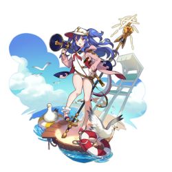 Rule 34 | 1girl, bird, blue hair, dragalia lost, estelle (dragalia lost), fang, full body, hat, holding, jacket, long hair, looking at viewer, megaphone, non-web source, official art, open mouth, purple eyes, ripples, saitou naoki, sand, solo, staff, swimsuit, transparent background, water