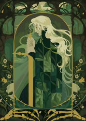 Rule 34 | 1girl, abandoned, absurdres, blonde hair, bone, broken pillar, closed eyes, disembodied hand, falling petals, flower, forest, gold, gold border, gold trim, green lips, green robe, green shirt, green theme, head down, high collar, highres, holding, holding sword, holding weapon, layered clothes, light frown, long hair, long sleeves, mature female, muted color, nature, original, outdoors, petals, pillar, plant, print cloak, profile, robe, ruins, shirt, skeleton, skull, solo, spearmintaii, sword, thorns, tree, vines, wavy hair, weapon, white flower, white petals, yellow flower, yellow petals