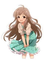 Rule 34 | 1girl, :d, ahoge, alternate hairstyle, blush, breasts, brown hair, commentary request, cropped legs, cropped sweater, dress, floating clothes, floral print dress, frilled dress, frills, goma konbu, green dress, hakozaki serika, hands on own thighs, highres, idolmaster, idolmaster million live!, leaning forward, long hair, looking at viewer, open mouth, orange eyes, ribbon, short sleeves, sidelocks, simple background, small breasts, smile, solo, standing, striped clothes, striped dress, sweater, swept bangs, three quarter view, v arms, very long hair, white background, white ribbon, white sweater