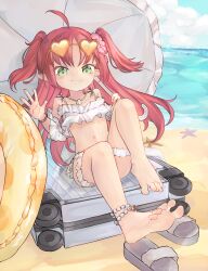 Rule 34 | 1girl, ahoge, arknights, barefoot, beach, bead anklet, bead bracelet, beads, bikini, blush, bracelet, bridal garter, chaosexceed, closed mouth, commentary, eyewear on head, flat chest, flower, frilled bikini, frills, full body, green eyes, hair flower, hair ornament, heart, heart-shaped eyewear, highres, holding, holding umbrella, innertube, jewelry, knees up, long hair, looking at viewer, myrtle (arknights), myrtle (summer flowers) (arknights), navel, necklace, ocean, official alternate costume, orange-framed eyewear, orange-tinted eyewear, outdoors, paid reward available, pointy ears, red hair, rolling suitcase, sandals, shell, shell necklace, sitting, smile, soles, solo, split mouth, starfish, suitcase, sunglasses, swim ring, swimsuit, tinted eyewear, toes, two side up, umbrella, unworn sandals, waving, white bikini, white umbrella, yellow innertube
