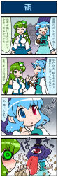 Rule 34 | &lt;o&gt; &lt;o&gt;, 3girls, 4koma, :&lt;, anger vein, animal ears, artist self-insert, blue hair, breasts, capelet, comic, detached sleeves, closed eyes, frog hair ornament, gem, green eyes, green hair, hair ornament, heterochromia, highres, jewelry, juliet sleeves, karakasa obake, kochiya sanae, large breasts, long sleeves, looking up, mizuki hitoshi, mouse ears, multiple girls, nazrin, necklace, open mouth, pendant, puffy sleeves, rain, real life insert, shirt, skirt, smile, snake hair ornament, speech bubble, standing, sweat, tatara kogasa, tongue, tongue out, touhou, translation request, triangle mouth, troll face, umbrella, vest