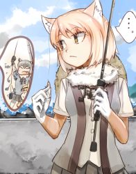 Rule 34 | ..., 3girls, animal ears, blonde hair, brown eyes, buttons, closed eyes, commentary request, common raccoon (kemono friends), day, elbow gloves, expressionless, eyes visible through hair, fang, fennec (kemono friends), fishing, fishing line, fishing rod, fox ears, fur collar, gloves, grey hair, hands up, hat, highres, holding, kemono friends, light brown hair, looking at another, looking to the side, medium hair, multicolored hair, multiple girls, nakami, ocean, open mouth, outdoors, parted bangs, pleated skirt, raccoon ears, shirt, skirt, smile, solo focus, spoken ellipsis, straw hat, sweater, tibetan fox (kemono friends), two-tone hair, upper body, vest, water, white hair