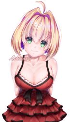 Rule 34 | 10s, 1girl, absurdres, ahoge, bad source, bare shoulders, blonde hair, breasts, cleavage, close-up, closed mouth, collarbone, dress, fate/extra, fate (series), green eyes, hair between eyes, hair intakes, highres, large breasts, likunea, looking at viewer, nero claudius (fate), nero claudius (fate) (all), nero claudius (fate/extra), parted lips, red dress, self-upload, short hair, simple background, smile, smiley face, solo, upper body, white background
