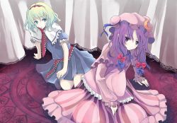 Rule 34 | 2girls, alice margatroid, alternate hair color, aonaga heri, bad id, bad pixiv id, bow, capelet, crescent, female focus, green eyes, hair bow, hairband, hat, long hair, long skirt, long sleeves, multicolored hair, multiple girls, patchouli knowledge, puffy sleeves, purple eyes, purple hair, sash, short hair, short sleeves, skirt, touhou, two-tone hair