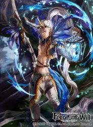 Rule 34 | 1boy, ass, back, blue eyes, bone, copyright name, dark skin, dark-skinned male, earrings, feathers, fire, force of will, full body, horns, jewelry, lamp, long hair, male focus, mayo (becky2006), official art, ponytail, topless male, solo, sword, tail, vest, weapon, white hair