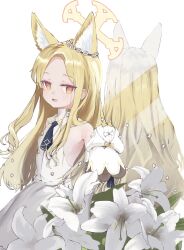 Rule 34 | 1girl, animal ear fluff, animal ears, bare shoulders, blonde hair, blue archive, blush, detached sleeves, dress, extra ears, flat chest, flower, fox ears, halo, highres, long hair, multiple views, open mouth, seia (blue archive), simple background, sleeves past fingers, sleeves past wrists, smile, tsukechi, white background, white dress, white flower, white sleeves, yellow eyes, yellow halo
