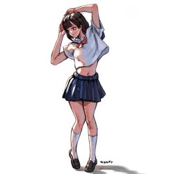 Rule 34 | 1girl, arms up, artist name, bara (totocos), blue skirt, breasts, brown eyes, brown footwear, brown hair, full body, highres, kneehighs, knees together feet apart, loafers, looking away, midriff, navel, neckerchief, original, pleated skirt, sailor collar, school uniform, serafuku, shirt, shoes, short hair, short sleeves, simple background, skirt, small breasts, socks, solo, standing, stomach, white background