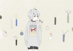 Rule 34 | 1girl, androgynous, beige background, black shorts, cowboy shot, drawstring, expressionless, flower, flower (vocaloid), grey hair, grey hoodie, highres, hood, hoodie, looking to the side, red eyes, short hair, shorts, sleeves past wrists, solo, standing, torokeruanimal, flower (vocaloid4), vase, vocaloid