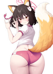 Rule 34 | 1girl, absurdres, alternate costume, animal ears, ass, black hair, blue archive, blush, buruma, closed mouth, commentary, cowboy shot, eyeshadow, fox ears, fox hair ornament, fox shadow puppet, fox tail, from behind, gym shirt, gym uniform, halo, highres, izuna (blue archive), korean commentary, looking at viewer, looking back, makeup, metaljelly, midriff, red eyeshadow, shirt, short hair, short sleeves, simple background, smile, smirk, solo, standing, tail, tail raised, tsurime, white background, yellow eyes