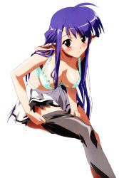 Rule 34 | 00s, 1girl, ahoge, blush, bra, breasts, cleavage, dressing, embarrassed, from side, grey thighhighs, highres, invisible chair, large breasts, lingerie, long hair, miniskirt, nerine, panties, pantyshot, pointy ears, purple hair, red eyes, shuffle!, sitting, skirt, solo, thighhighs, transparent background, underwear, very long hair