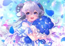 Rule 34 | :d, ahoge, bare shoulders, blue bow, blue flower, blue ribbon, blue sky, bouquet, bow, bubble, crown, curled horns, dress, flower, frilled dress, frills, grey hair, hair bow, holding, horns, hoshikage lapis, indie virtual youtuber, long hair, mamyouda, mini crown, number hair ornament, open mouth, outdoors, petals, purple eyes, ribbon, roman numeral, sky, smile, virtual youtuber, white dress