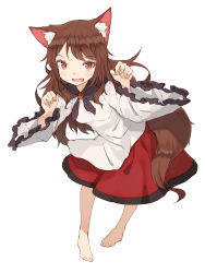 Rule 34 | 1girl, :d, animal ear fluff, animal ears, barefoot, blush, brooch, brown hair, dress, fang, full body, highres, imaizumi kagerou, jewelry, leaning forward, long hair, long sleeves, looking at viewer, open mouth, paw pose, red eyes, shone, simple background, smile, solo, tail, touhou, white background, wide sleeves, wolf ears, wolf tail