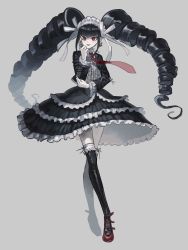 Rule 34 | 1girl, black hair, black jacket, black skirt, black thighhighs, bonnet, celestia ludenberg, center frills, claw ring, commentary, danganronpa: trigger happy havoc, danganronpa (series), dress shirt, drill hair, earrings, frilled sleeves, frills, gothic lolita, grey background, hand up, highres, jacket, jewelry, layered skirt, lolita fashion, long hair, long sleeves, looking at viewer, necktie, open clothes, open jacket, red eyes, red necktie, shirt, simple background, skirt, smile, solo, symbol-only commentary, thighhighs, twin drills, twintails, visket53
