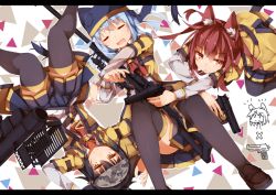 Rule 34 | 3girls, animal ears, animal hat, beretta 92, between legs, black hair, black legwear, blazer, blue hair, blue skirt, camouflage, chibi, chibi inset, closed eyes, closed mouth, dragunov svd, drooling, dual wielding, fim-92 stinger, fox ears, fox hat, frown, gun, hair between eyes, handgun, hat, holding, holding gun, holding weapon, jacket, jitome, kneeling, letterboxed, long sleeves, lying, man-portable air-defense system, missile launcher, mouth hold, multiple girls, on back, open clothes, open jacket, open mouth, original, pleated skirt, red eyes, red hair, rifle, rocket launcher, sidelocks, skirt, sleeping, smile, sniper rifle, thighhighs, thighs, trigger discipline, uniform, upside-down, weapon, yadokari (migihashi), yellow eyes