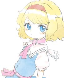 Rule 34 | 1girl, :&lt;, alice margatroid, belt, blonde hair, blue dress, blue eyes, chibi, closed mouth, collar, dress, frilled collar, frilled sailor collar, frills, hairband, highres, looking at viewer, pink belt, pink collar, puffy short sleeves, puffy sleeves, red hairband, sailor collar, sanunu36, short hair, short sleeves, simple background, solo, touhou, triangle mouth, upper body, white background, white sailor collar, white sleeves