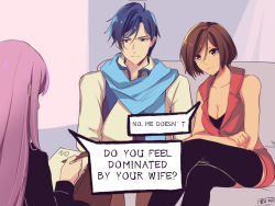 Rule 34 | 1boy, 2girls, black legwear, blue eyes, blue hair, blue scarf, brown eyes, brown hair, coat, commentary, couch, crop top, crossed legs, english commentary, english text, expressionless, holding, holding pen, kaito (vocaloid), long hair, looking at another, megurine luka, meiko (vocaloid), meme, miniskirt, multiple girls, notepad, pen, pink hair, red shirt, red skirt, scarf, shirt, short hair, sitting, skirt, speech bubble, thighhighs, vocaloid, white coat, writing, yen-mi