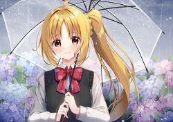 Rule 34 | 1girl, absurdres, ahoge, black vest, blonde hair, blush, bocchi the rock!, bow, bowtie, closed mouth, collared shirt, crying, crying with eyes open, flower, highres, holding, holding umbrella, hydrangea, ijichi nijika, long hair, long sleeves, looking at viewer, mikan (user negv3532), pink flower, polka dot, polka dot bow, purple flower, rain, red bow, red bowtie, red eyes, shirt, side ponytail, solo, tears, umbrella, upper body, vest, white shirt