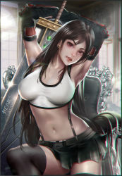 Rule 34 | 1girl, absurdres, armpits, arms behind head, arms up, artist name, bearwitch, black gloves, black skirt, black thighhighs, breasts, breasts apart, brown hair, chair, cleavage, collarbone, crop top, earrings, elbow gloves, final fantasy, final fantasy vii, fingerless gloves, floating hair, gloves, head tilt, highres, holding, holding sword, holding weapon, jewelry, large breasts, long hair, looking at viewer, midriff, miniskirt, navel, open mouth, pleated skirt, red eyes, sitting, skirt, solo, stomach, suspender skirt, suspenders, sword, thighhighs, tifa lockhart, tongue, tongue out, very long hair, weapon