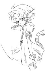 Rule 34 | 1girl, angry, animal ears, annoyed, arm at side, bathing, bob cut, cat girl, character name, commentary, curled fingers, dress, dutch angle, facial mark, flat chest, from side, fur-trimmed dress, fur cuffs, fur trim, furry, furry female, gem, greyscale, hand up, jewelry, licking, looking at viewer, looking to the side, merle (tenkuu no escaflowne), monochrome, necklace, parted bangs, pendant, pointy ears, short dress, short hair, sketch, slit pupils, solo, sonson (eleven), standing, striped, striped tail, tail, tenkuu no escaflowne, tongue, tongue out, v-shaped eyebrows, whisker markings