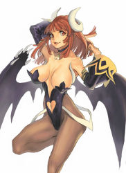 Rule 34 | 1girl, arm behind head, arms up, bare shoulders, bat wings, breasts, choker, clothing cutout, covered erect nipples, demon girl, detached sleeves, heart cutout, horns, la pucelle, large breasts, leg up, maou prier, nippon ichi, pantyhose, parted lips, prier, red eyes, red hair, revealing clothes, simple background, smile, solo, umadaisuki, white background, wings