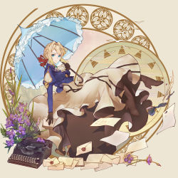 Rule 34 | 1girl, beige background, blonde hair, blue eyes, blue jacket, blue umbrella, boots, braid, brooch, brown footwear, brown gloves, closed mouth, commentary request, dress, envelope, feathers, flower, from side, full body, gloves, hair between eyes, hair intakes, hair ribbon, high heels, highres, holding, holding envelope, holding letter, holding umbrella, ink, jacket, jewelry, letter, long dress, long hair, long sleeves, looking at viewer, orry, paper, parasol, puffy long sleeves, puffy sleeves, purple flower, red ribbon, ribbon, simple background, solo, typewriter, umbrella, violet (flower), violet evergarden, violet evergarden (series), white dress, white neckwear