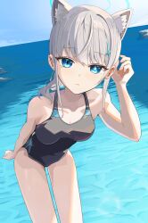 Rule 34 | 1girl, absurdres, animal ear fluff, animal ears, black one-piece swimsuit, blue archive, blue eyes, chisaku, commentary, competition swimsuit, cross, cross hair ornament, extra ears, gluteal fold, grey hair, hair ornament, halo, highres, inverted cross, looking at viewer, medium hair, official alternate costume, one-piece swimsuit, shiroko (blue archive), solo, swimsuit, wolf ears