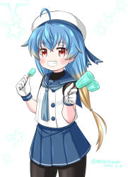 Rule 34 | 1girl, ahoge, black pantyhose, blonde hair, blue hair, blue neckerchief, blue sailor collar, blue skirt, commentary request, cowboy shot, double popsicle, fang, food, foreshortening, gloves, gradient hair, grin, hat, holding, holding food, kantai collection, long hair, looking at viewer, masara (chuujou), multicolored hair, neckerchief, pantyhose, pleated skirt, popsicle, red eyes, sado (kancolle), sailor collar, sailor hat, school uniform, serafuku, shirt, simple background, skin fang, skirt, sleeveless, sleeveless shirt, smile, solo, undershirt, white background, white gloves, white hat
