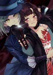Rule 34 | 2girls, :|, absurdres, aiming, aiming at viewer, arm around waist, arms behind head, black coat, black hair, blue bow, blue coat, blue hat, bow, closed mouth, coat, dress, feather dress, grey hair, gun, hair bun, hand on another&#039;s hip, handgun, hat, hat bow, highres, holding, holding gun, holding weapon, hug, hug from behind, jewelry, k!ssmin, light smile, long sleeves, multiple girls, necklace, outstretched arm, red background, red dress, red eyes, reverse:1999, schneider (reverse:1999), short hair, single side bun, upper body, vertin (reverse:1999), weapon, yellow eyes, yuri