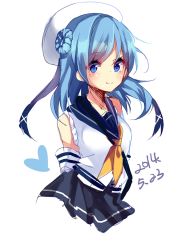 Rule 34 | 10s, 1girl, beret, blue eyes, blue hair, dated, hat, hecha (01964237), kantai collection, personification, school uniform, serafuku, sleeves rolled up, solo, urakaze (kancolle), white hat