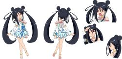 Rule 34 | 1girl, :o, anklet, azumawari (azumofu), barefoot, black hair, bow, character sheet, cosplay, d:, detached sleeves, double bun, feet, full body, hair over one eye, highres, jewelry, long hair, magical girl, multiple views, open mouth, parody, precure, red eyes, ribbon, skirt, smile, soles, the ring, toes, turnaround, twintails, white background, yamamura sadako