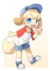 Rule 34 | 1boy, absurdres, animal ears, bandaid, bandaid on face, baseball cap, blonde hair, blue eyes, child, dog ears, dog tail, full body, furry, furry male, hat, highres, konazarame, leaning forward, looking at viewer, male focus, open mouth, original, shoes, shorts, solo, tail, v