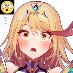 Rule 34 | 1girl, :o, blonde hair, blush, breasts, commentary request, earrings, emoji, hair ornament, headpiece, jewelry, kyosuke1413koba, large breasts, long hair, looking at viewer, mythra (xenoblade), open mouth, portrait, solo, surprised, swept bangs, tiara, wide-eyed, xenoblade chronicles (series), xenoblade chronicles 2, yellow eyes