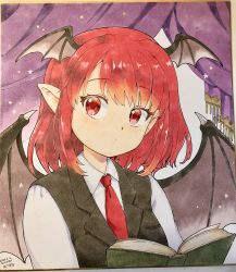 Rule 34 | 1girl, alternate hair length, alternate hairstyle, bat wings, black vest, book, collared shirt, commentary request, curtains, dated, dress shirt, expressionless, eyelashes, head wings, highres, holding, holding book, iris anemone, koakuma, long hair, looking to the side, necktie, open book, painting (medium), pointy ears, red eyes, red hair, red necktie, shirt, short hair, sidelocks, solo, star (symbol), touhou, traditional media, upper body, vest, watercolor (medium), white shirt, wings