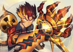 Rule 34 | 1boy, armor, claw (weapon), fang, gauntlets, hair slicked back, hatiue (hachi), kazuma (scryed), lens flare, light particles, looking at viewer, male focus, orange eyes, pauldrons, red hair, scryed, shoulder armor, smile, solo, spiked hair, teeth, weapon
