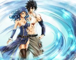 Rule 34 | 1boy, 1girl, beaten, black hair, blood, blue hair, breasts, cleavage, epic, fairy tail, gray fullbuster, injury, jewelry, juvia lockser, large breasts, long hair, necklace, short hair, tattoo, torn clothes