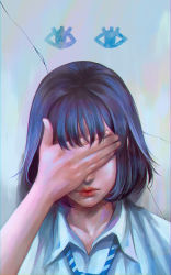 Rule 34 | 1girl, bad id, bad twitter id, black hair, blouse, blue necktie, blue shirt, bob cut, closed mouth, collared shirt, covered eyes, covering own eyes, facing viewer, hand over eye, hand up, highres, lipstick, makeup, medium hair, necktie, original, portrait, red lips, shirt, solo, striped necktie, wataboku, wing collar