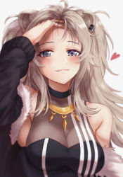 Rule 34 | 1girl, absurdres, animal ears, bangs pinned back, bare shoulders, black jacket, blush, breasts, cleavage, ear piercing, fang, fang out, fur-trimmed jacket, fur trim, grey eyes, grey hair, heart, highres, hololive, jacket, jewelry, large breasts, light smile, lion ears, lion girl, long hair, long sleeves, looking at viewer, maumaou, necklace, piercing, see-through, see-through cleavage, shirt, shishiro botan, shishiro botan (1st costume), simple background, sleeveless, sleeveless shirt, solo, upper body, virtual youtuber, white background