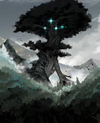 Rule 34 | animal, aynoh, bird, flying, forest, giant tree, glowing, highres, mountain, nature, no humans, outdoors, pixiv fantasia, pixiv fantasia last saga, silhouette, sky, tagme, tree