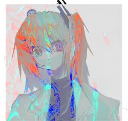 Rule 34 | 1girl, a.i. voice, abstract, adachi rei, alternate eye color, border, commentary, empty eyes, expressionless, green eyes, hair ribbon, haizou, head tilt, headlamp, highres, jacket, looking at viewer, medium hair, microphone, mismatched pupils, multicolored eyes, one side up, open clothes, open jacket, orange eyes, orange hair, pale skin, parted lips, portrait, purple eyes, radio antenna, red pupils, ribbon, ringed eyes, solo, swirl, turtleneck, utau