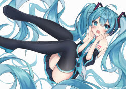Rule 34 | 1girl, :o, absurdres, aqua eyes, aqua hair, aqua necktie, armpit crease, bare shoulders, black skirt, black sleeves, black thighhighs, blush, boots, collared shirt, commentary, detached sleeves, dot nose, fang, floating hair, hair between eyes, hair ornament, hatsune miku, headset, highres, long hair, looking at viewer, necktie, noneon319, number tattoo, open mouth, pleated skirt, raised eyebrows, shirt, sidelocks, simple background, skin fang, skindentation, skirt, sleeveless, sleeveless shirt, solo, tattoo, thigh boots, thighhighs, tie clip, twintails, very long hair, vocaloid, white background, white shirt