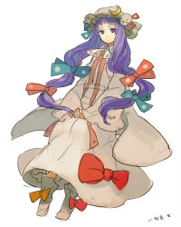 Rule 34 | 1girl, blue ribbon, bow, crescent, crescent hair ornament, dress, female focus, hair bow, hair ornament, hat, iwamoto zerogo, long hair, long sleeves, looking at viewer, mob cap, patchouli knowledge, pink bow, purple eyes, purple hair, red ribbon, ribbon, simple background, sketch, solo, touhou, white background